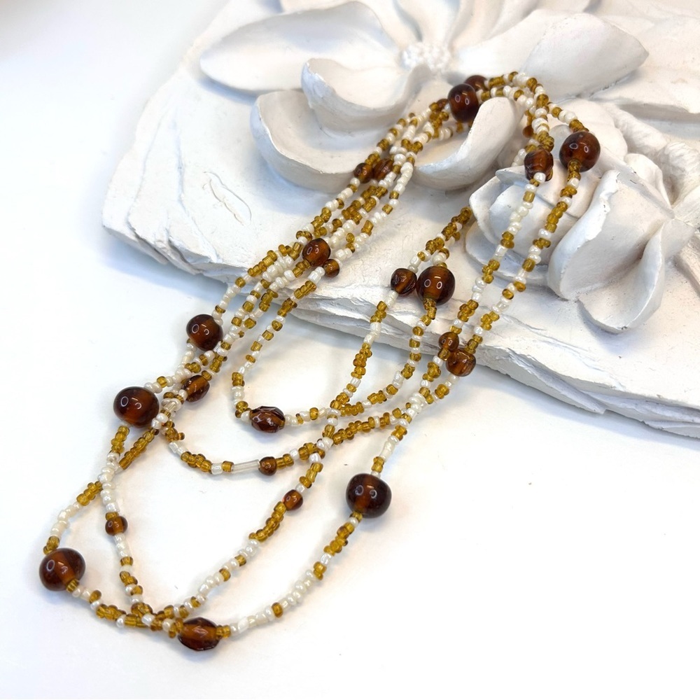 Glass Beaded Necklace 50” Amber and White Glass